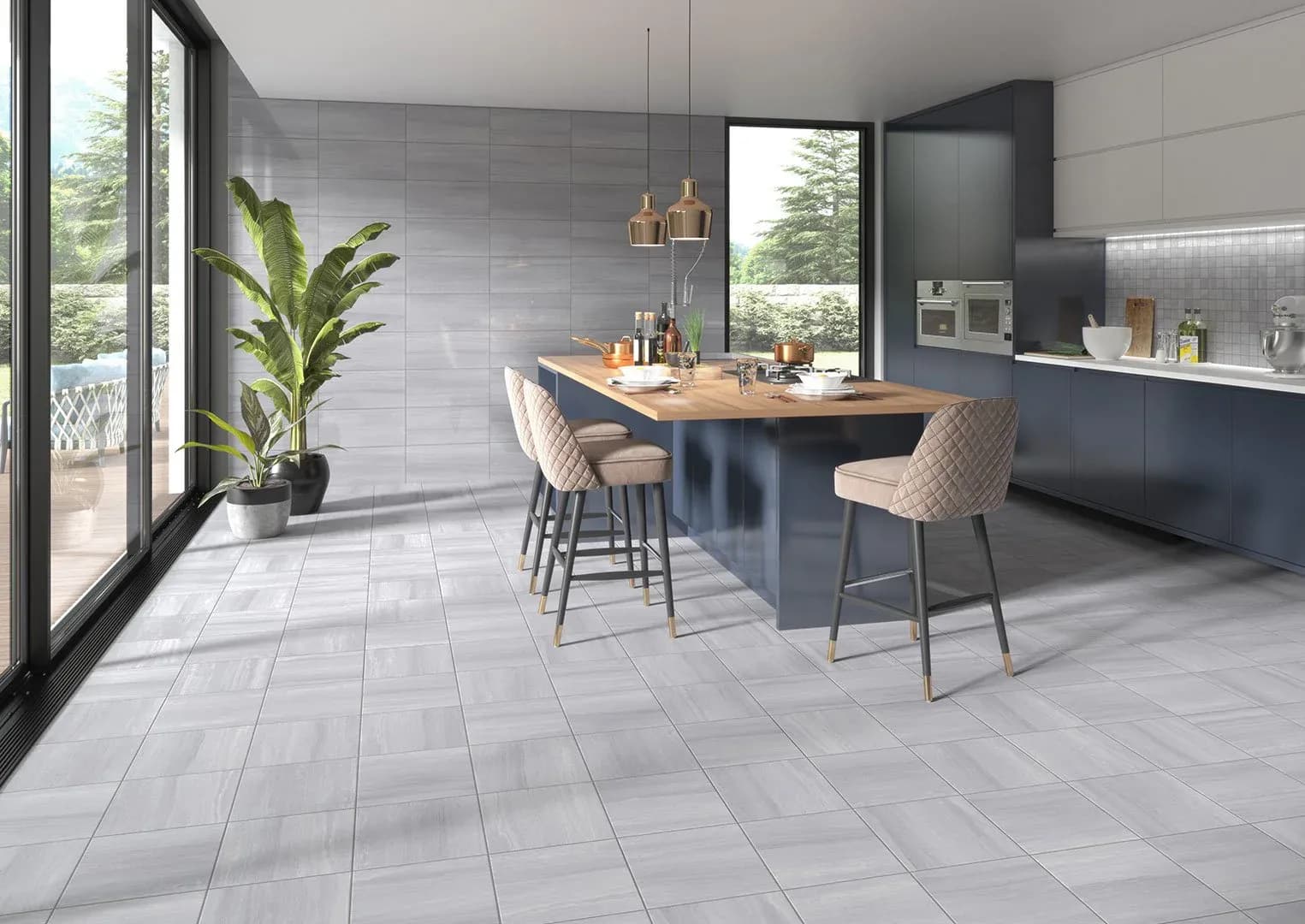 Modern kitchen in New York with gray porcelain tile flooring